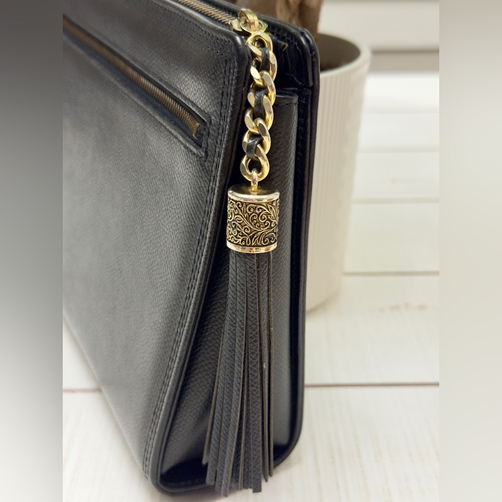 New Vintage VLTN Black Leather Clutch w Tassel - Picture 9 of 11